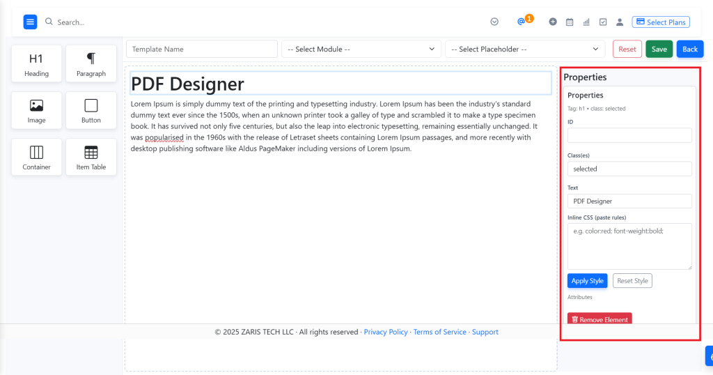 PDF Designer Properties