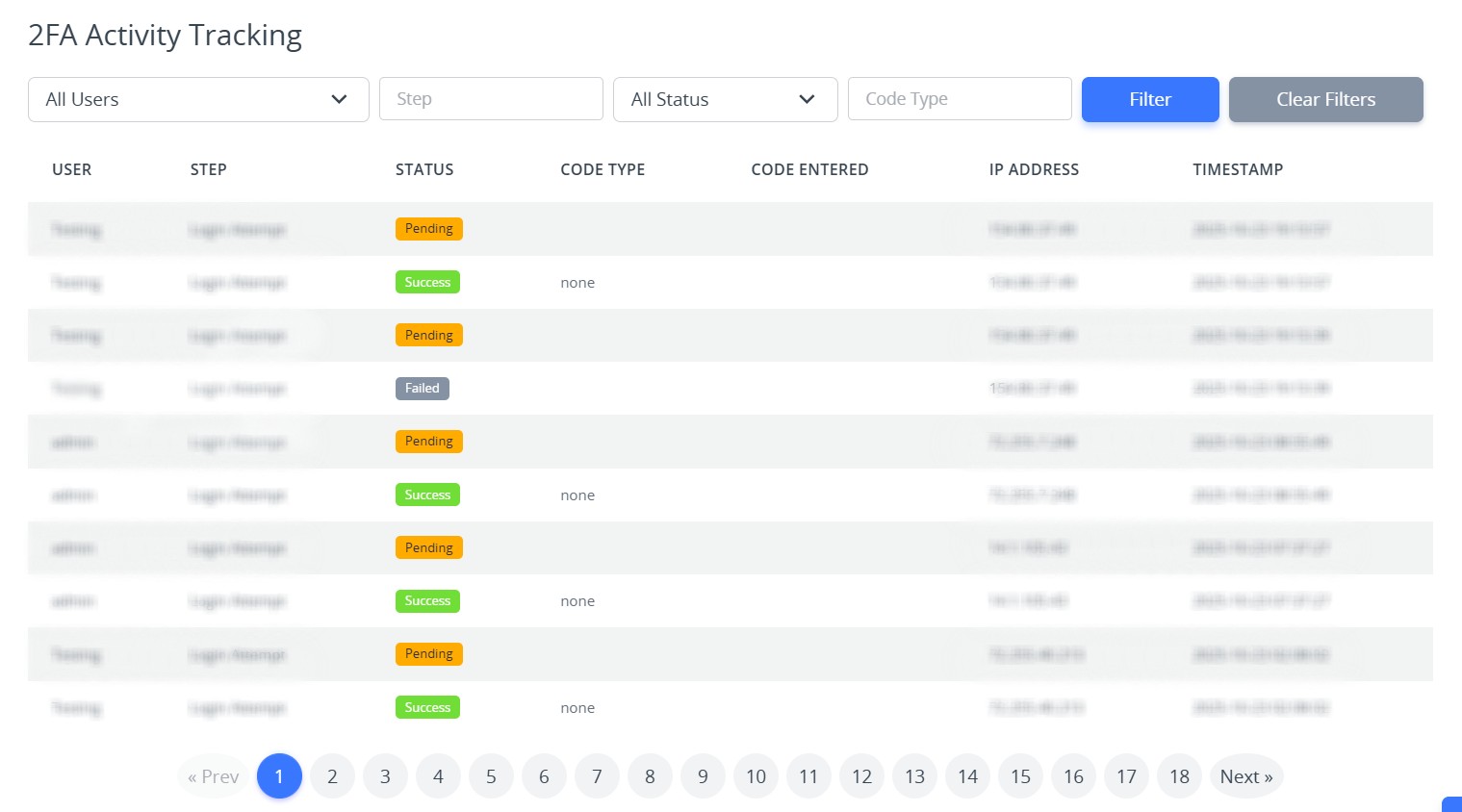 2FA Audit Log and Filters