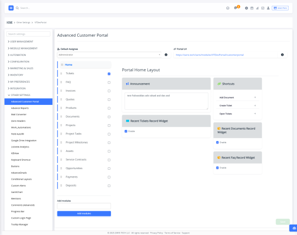 Advanced Customer Portal Main