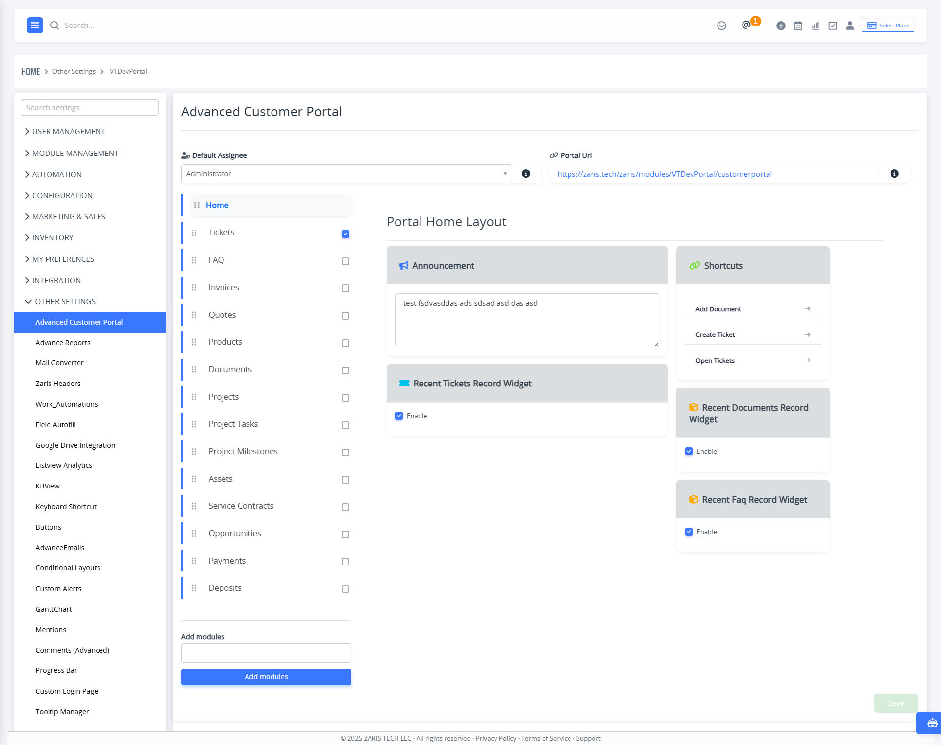 Advanced Customer Portal Main