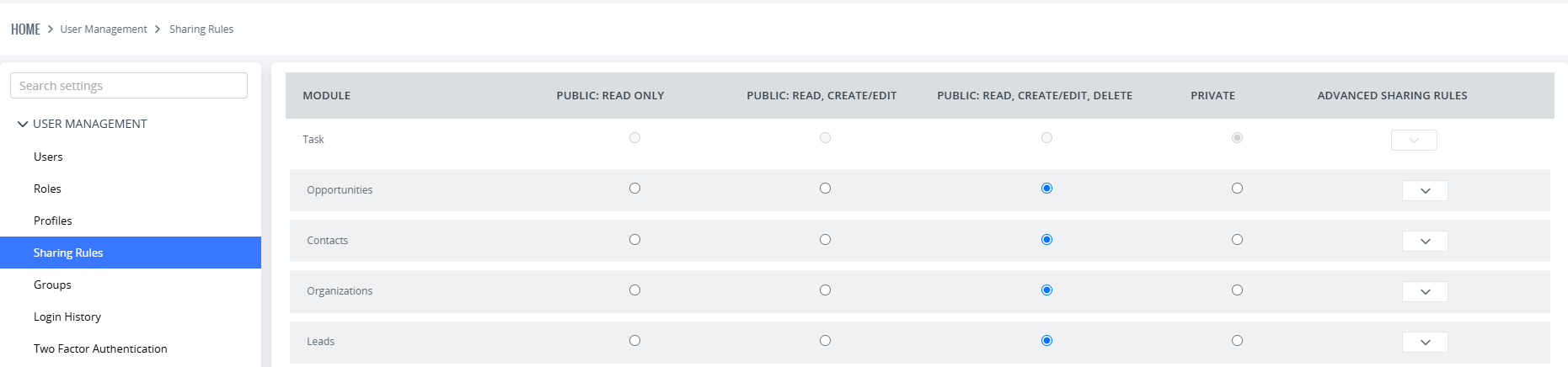 Sharing Rules settings in ZARIS CRM