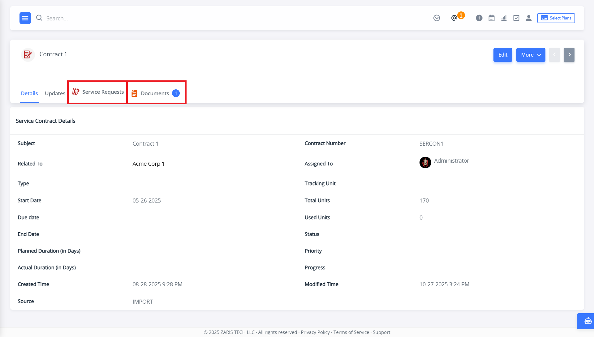 Linking Service Requests and Documents to a Service Contracts