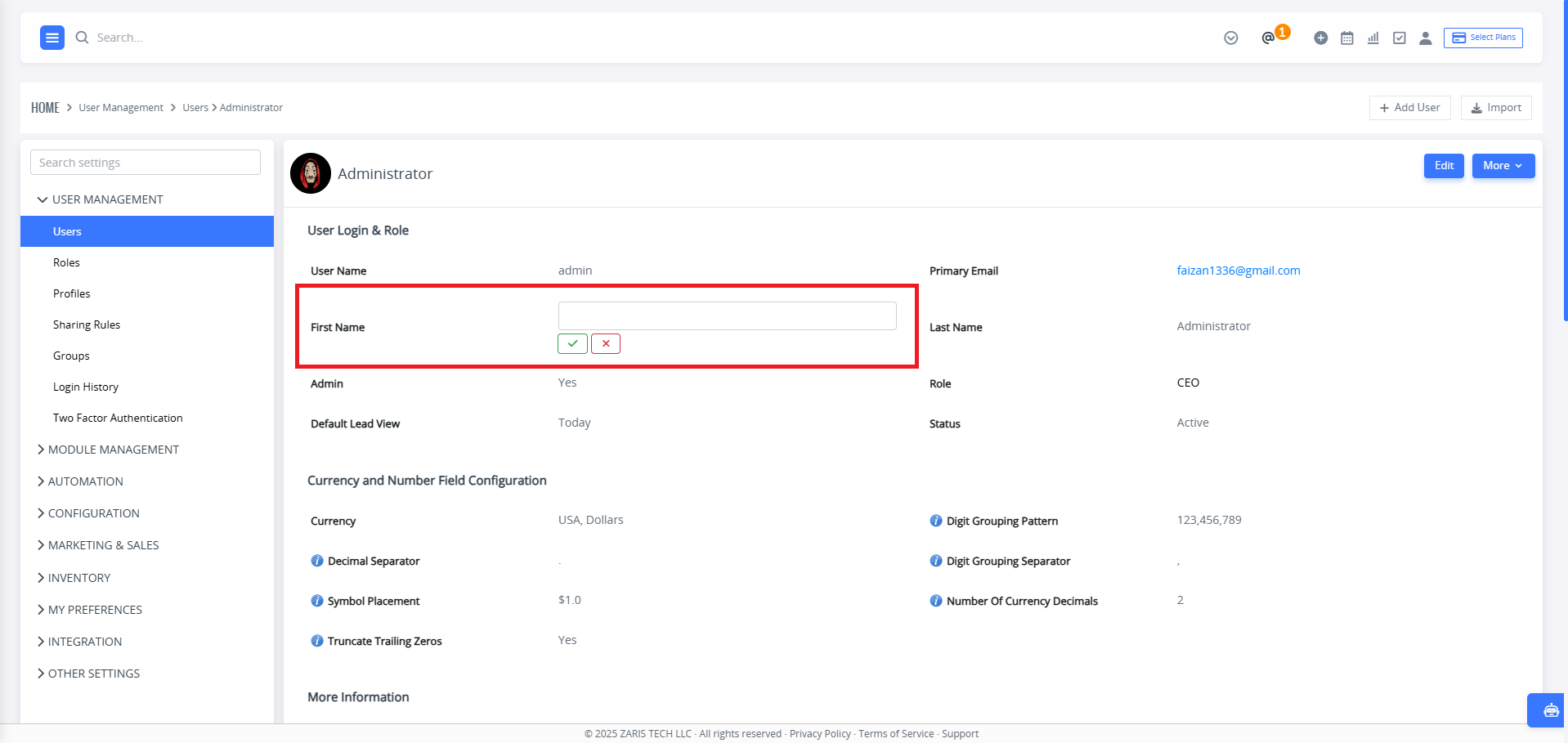 Changing the User Information from the User List