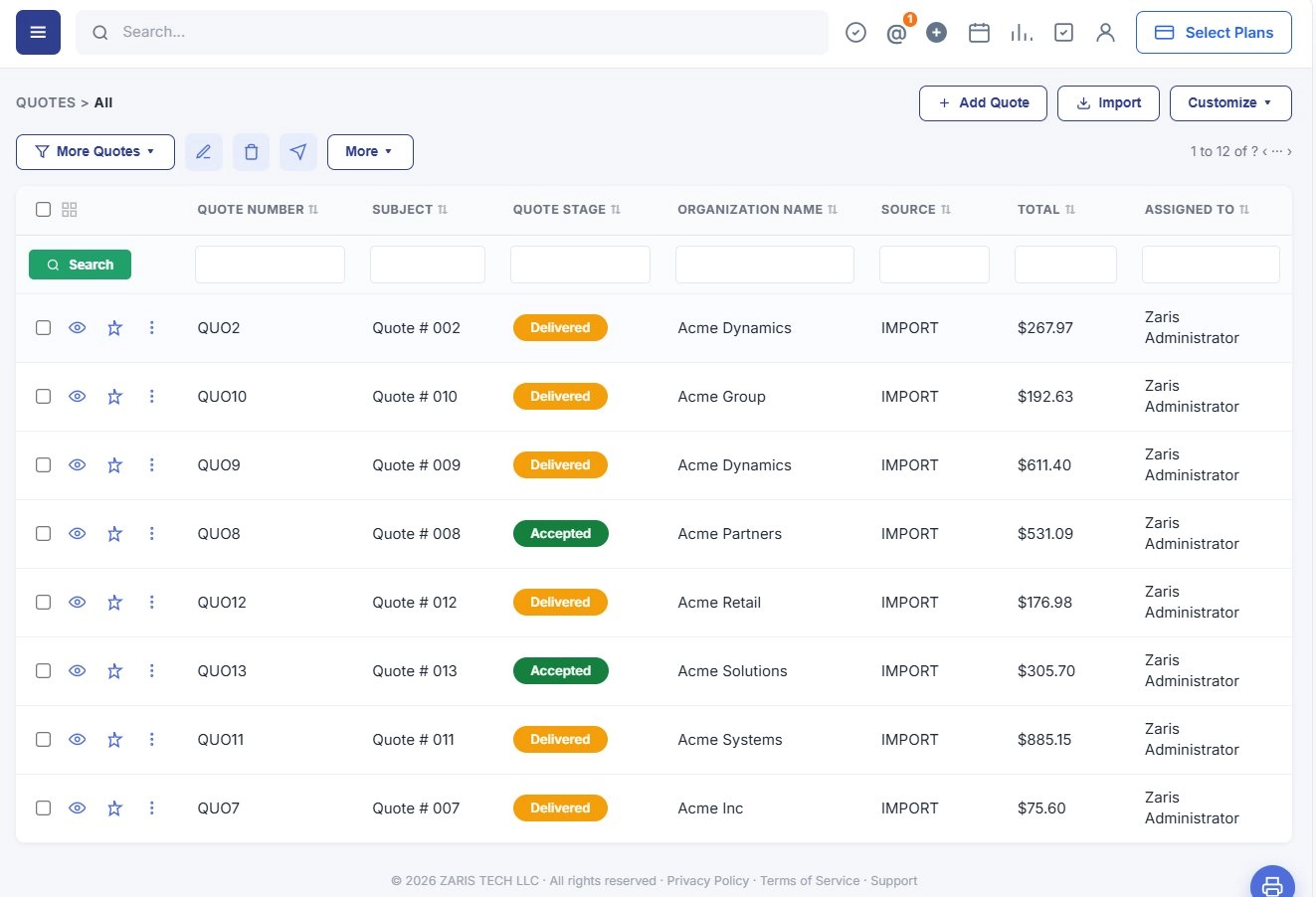 Centralized hub for all customer quotations