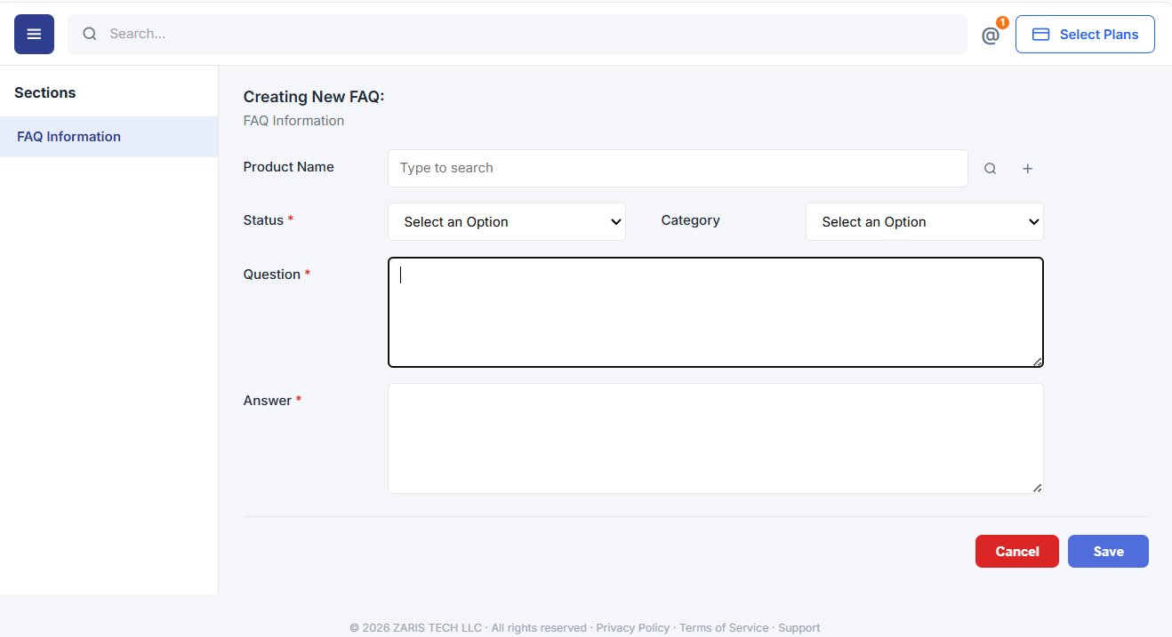 FAQs-Admins use the Creating New FAQ form to add questions and answers with product link, status, and category. Required fields