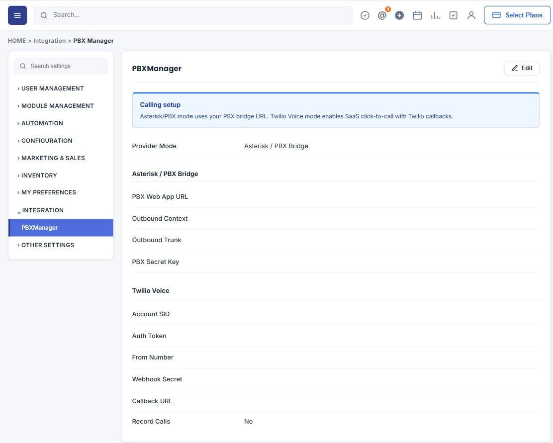 Configure your Asterisk PBX connection
